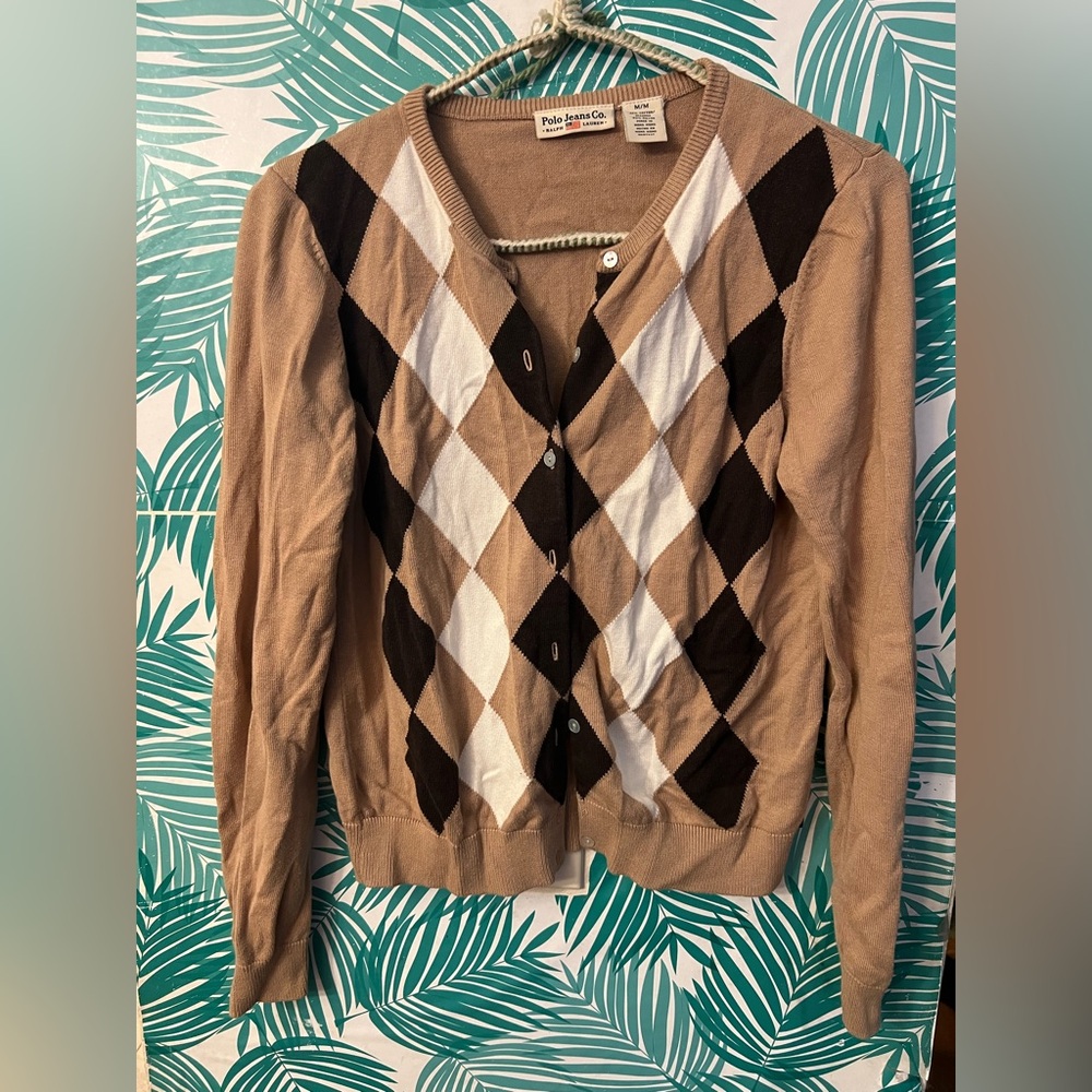 Ralph Lauren Polo Jeans Co. Argyle diamond Cardigan sz M runs small read descrip
